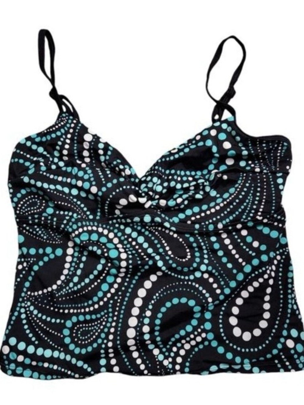 Black Tankini Top with Aqua and White Dot Swirl Print